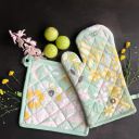 Pixel Home Organic Cotton Flower Print Oven Mitt and Pot Holder (Green Flower GPH)...