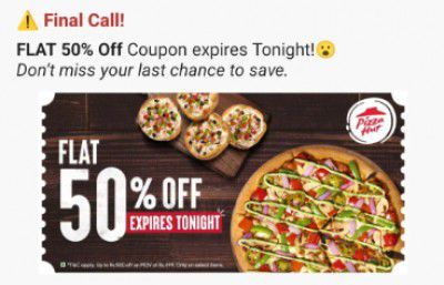 Pizzahut limited time deal - Flat 50 percent off on all menu items | coupon getting automatically applied