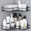 Plantex 2 Self-Adhesive Shelves for Corner Walls for Bathroom Organizer - Bathrom Corner Shelf with Magic Sticker (Black)...