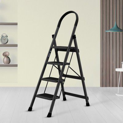 Plantex 4 Step Steel Ladder for Home/Minor Surface Marks/Strong Foldable Anti-Skid Ladder - Refurbished (Apex Black)