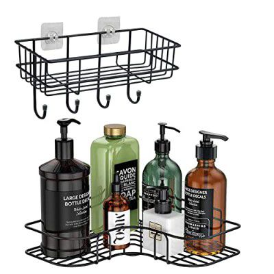 Plantex Bathroom Organizers/Self-Adhesive Bathroom Shelf/Corner/Multipurpose Rack for Kitchen/Bedroom/Livingroom - Combo of 2 (Black), Alloy Steel