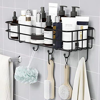 Plantex GI Steel Self-Adhesive Multipurpose Bathroom Shelf with Hooks - Pack of 1 (Black,Powder Coated)