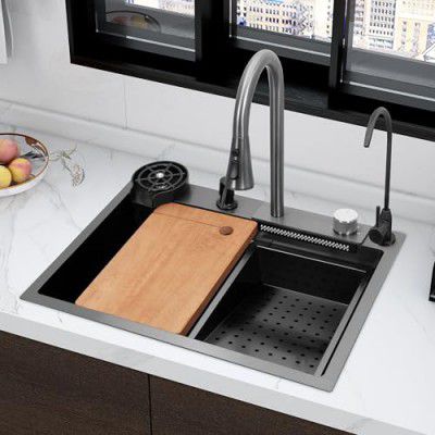Plantex Kitchen Sink/Heavy Duty Stainless Steel Waterfall Sink with Anti Scratch Honeycomb Design/Luxurious Kitchen Sink with Pull Down Faucet - (24x18 Inch, Nano Black)