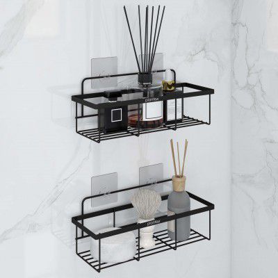Plantex No Drill Bathroom Shelves/GI Steel Self Adhesive Bathroom Shelf/Shelf for Kitchen with Magic Sticker- Black Powder Coated (Pack of 2)