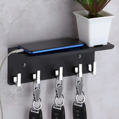 Plantex Stainless Steel Multipurpose Mobile Phone Stand/Storage Rack/Shelf with 5 Key Hooks/Holder - Wall Mount (Black)