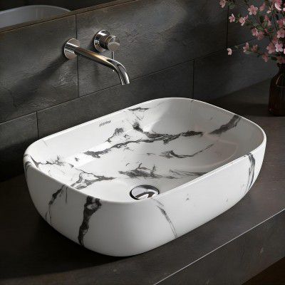 Plantex Tabletop Wash Basin/Bathroom Basin Sink/Ceramic Countertop Basin/Marble Basin with Grey Veins/Wash Basin for Bathroom 