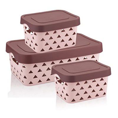 Plastic 3 Piece Storage Basket Set with Lid, Multipurpose Organizer, Shelf Storage Basket