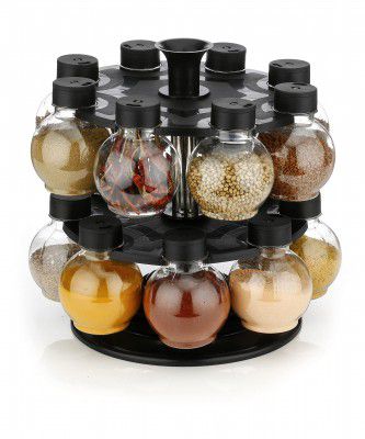 Plastic 360 Revolving Tiered Shelf Spice Container Set Of 16 (Transparent, 125Ml Each)