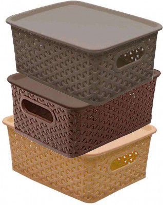 Plastic Medium Size Baskets with Lid for Kitchen, Vegetables & Wardrobe Storage Basket (Pack of 3)