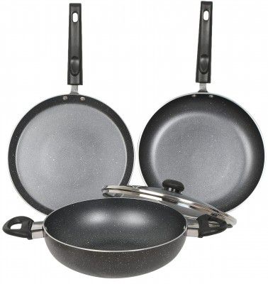 Platt Onyx Granite Non Stick Aluminum Cookware Set 3Pc,24cm Dosa Tawa + 24cm Kadai with Tempered Glass Lid 2.5ltr + 24cm Fry Pan, Color Dark Grey, Induction Compatible