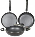 Platt Onyx Granite Non Stick Aluminum Cookware Set 3Pc,24cm Dosa Tawa + 24cm Kadai with Tempered Glass Lid 2.5ltr + 24cm Fry Pan, Color Dark Grey, Induction Compatible...