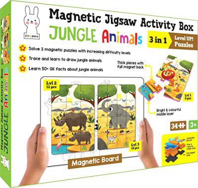 Play Poco Magnetic Jigsaw Puzzles Jungle Animals Activity Box with 3 Magnetic Puzzles, Magnetic Board, Learn to Draw, 50+ GK Facts Book