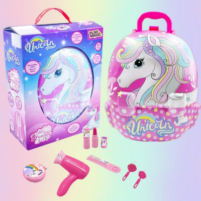 PlayMagic Unicorn Portable Backpack Dressing Set | Pretend Play Set with Makeup Accessories for Kids | Suitcase Toy | Birthday Gift for Girls