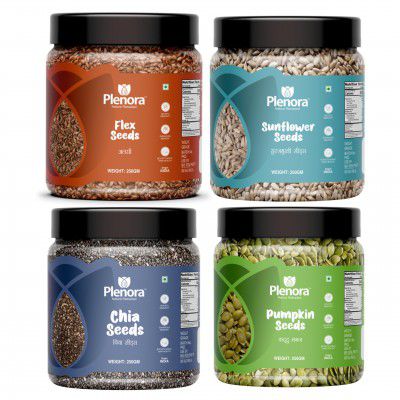 PLENORA Combo of Pumpkin, Chia, Flax & Sunflower Seeds 250g Each | Raw, Unroasted & Natural Total 1000 Grams | Gluten-Free |