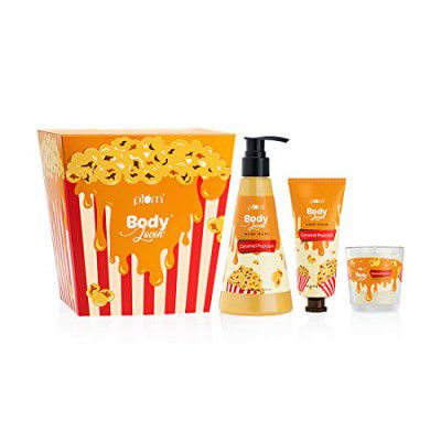 Plum BodyLovin' Caramel Popcorn & Chill Gift Set | SLS-Free Body Wash, Non-Greasy Hand Cream & Long Lasting Scented Candle | Unique Popcorn Tub Kit | Perfect Gifting Option