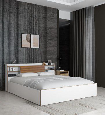 Pluto Queen Bed with Box Storage | Engineered Wood | Frosty White Finish | Headboard Storage | Sturdy & Stylish | Knock-Down Assembly | 36-Months Warranty