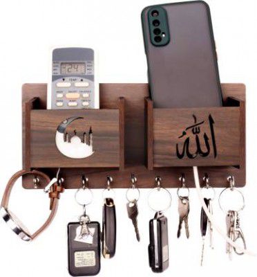 POCKESTER Allah with Double Mobile Stand Wood Key Holder (9 Hooks Brown)