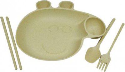 poksi Pack of 5 Bamboo Eco-Friendly Natural Bamboo Fibre Peppa Pig Kids Dinner Set Consists of 1 Plate, Spoon and Fork, Chopsticks - 5-Piece Dinner Set  (Beige, Microwave Safe)