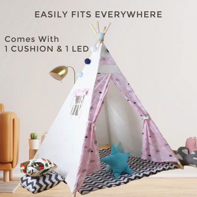 POLKA TOTS Kid’s Portable Teepee Tents with Cushion, Led Light and Non-Slip Padded Mat (Pink & White)