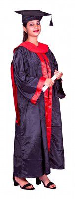 Polyester Blend Graduation Gown Black with Hat and Red Border for Adults Free Size (Unisex)