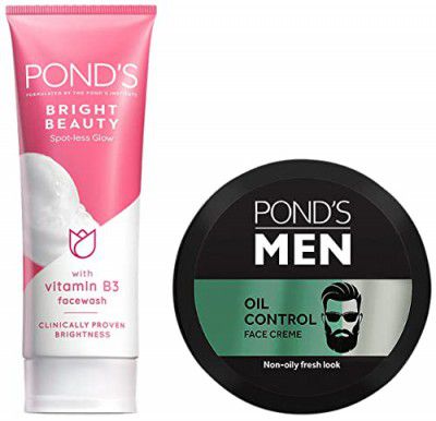 POND'S Bright Beauty Spot-less Glow Face Wash With Vitamins, Removes Dead Skin Cells & Dark Spots, Double Brightness Action, All Skin Types, 200g & POND'S Men Oil Control Face Crème (Cream), 5