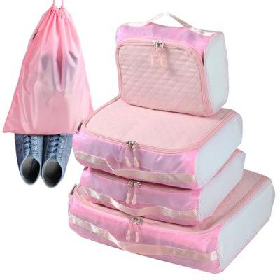 POPCUBE Premium Packing Cubes for Travel – Quilted Packing Cubes for Travel–Travel Bag Organisers for luggage for Men & Women – Set of 5 Packing Bags with a Shoe Bag for Clothes, Shoes.(Pink)