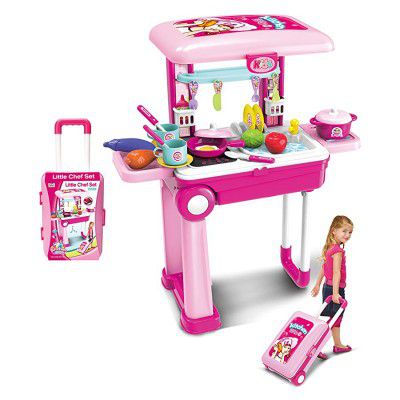 Popsugar Kitchen Set Trolly with Light and Music Toy for Kids Pink