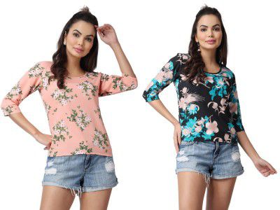 POPWINGS Casual Floral Printed Round-Neck Puff-SLeeves Tops Combo for Women
