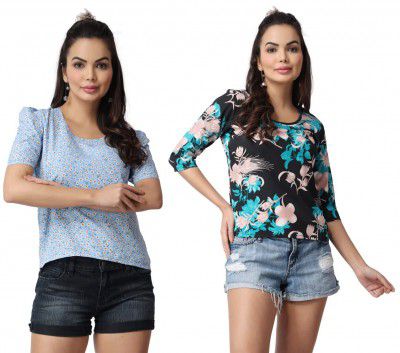 POPWINGS Casual Floral Printed Women Peach and Blue Tops Combo (Pack of 2)