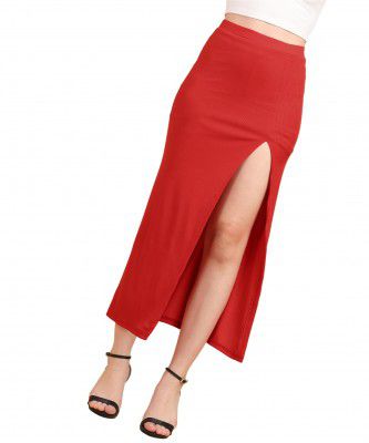 POPWINGS Casual Solid Self Design Rib Long Slit Skirt for Women || Latest Stylish Long Slit Skirt for Women || Summer Skirt for Women