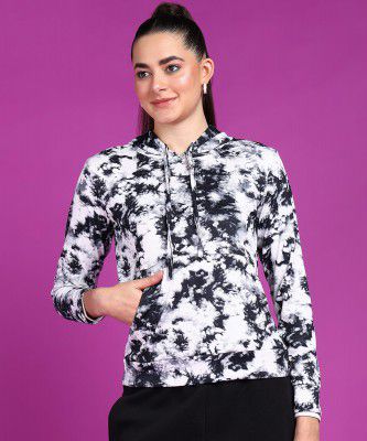 POPWINGS Women Casual Azure Blue Floral Print Hooded Pocket Sweatshirt 