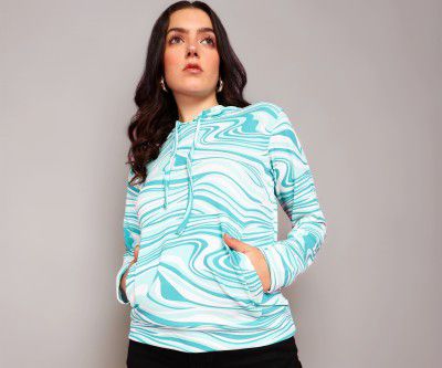 POPWINGS Women Casual Azure Blue Floral Print Hooded Pocket Sweatshirt 