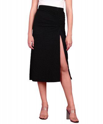 POPWINGS Women Casual Beige Long Slit Self Design Solid Skirt