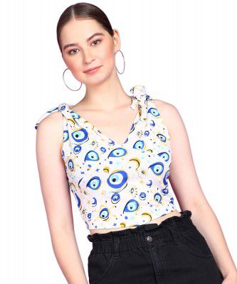POPWINGS Women Casual Yellow Eye Printed Sleeveless Self Design Strap Knot Crop Top