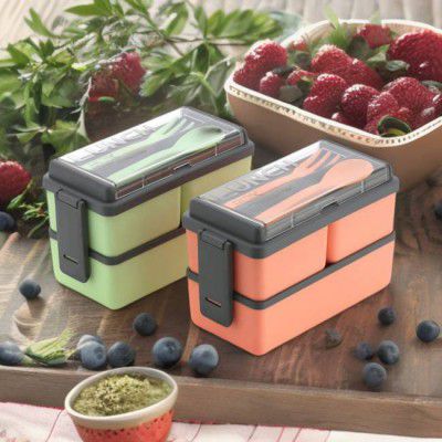 Porslin Combo of 2 Pista and Orange Lunch Box with Spoon and Fork Office School Collage 6 Containers Lunch Box  (3000 ml)