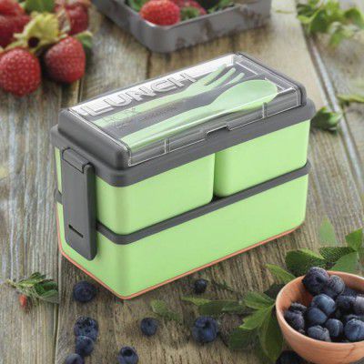 Porslin Compartment Pista Color with Spoon and Fork Office School Collage 3 Containers Lunch Box  (1500 ml)