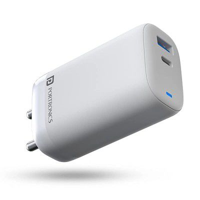 Portronics Adapto 65 High Power 65W Mobile/Laptop Charger Dual Port Output (Fast Charging + PD) with 100W 2Mtr. Type-C Charging Cable(White)
