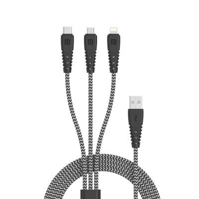 Portronics Konnect Spydr 31 3-in-1 Multi Functional Cable with 3.0A Output, Tangle Resistant, 1.2M Length, Nylon Braided(Zebra)