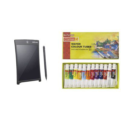 Portronics Portable Ruffpad E-Writer (8.5-Inch) LCD with 4 Magnet, Stylus Drawing Handwritin & Camel Camlin Kokuyo Student Water Color Tube - 5Ml Each, 12 Shades