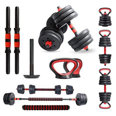 PowerMax Fitness PDKS-20P Adjustable PVC Cement Kettlebell Dumbbells Set with Kettle Handle, Kettlebell Rod, Non-Slip Handle and Adjustable Weight Plates Set for Home Gym Workout, Black