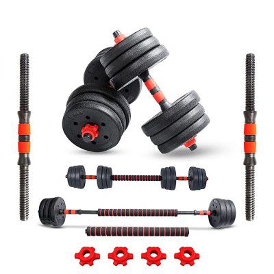 PowerMax Fitness PDS-20P+ Adjustable PVC Cement Dumbbells Set with Barbell Connecting Rod, Non-Slip Handle and Adjustable Weight Plates Set for Home Gym Workout