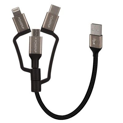 Powerup stay charged 3 in 1 Nylon Small Charging Data Cable 12 cm for Mobile/Car/Laptop/iPhone (Black)