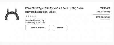 POWERUP Type C to Type C 4.9 Feet (1.5M) Cable (Reversible Design, Black)