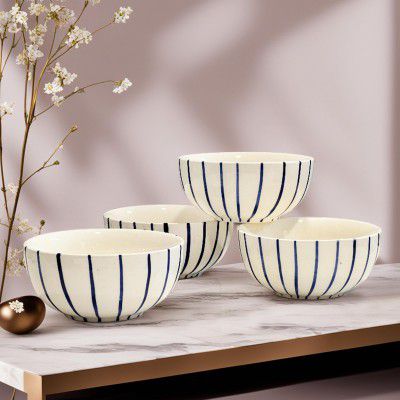 Praahi Lifestyle Ceramic Handmade Bowl Katoris Set | Blue White Design | Set of 4 Ceramic Katoris : 4.5 inches Dia (Microwave & Dishwasher Safe)
