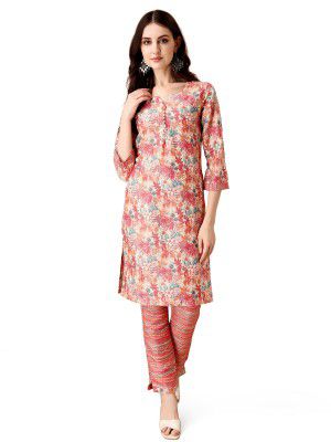 Pratham Blue Kurta Set for Women Cotton Blend Straight Printed Kurta Set for Women with Pant