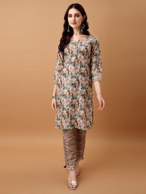 Pratham Blue Kurta Set for Women Cotton Blend Straight Printed Kurta Set for Women with Pant