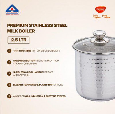 Praylady Stainless Steel Milk Boiler with Glass Lid (Hammered – Premium Textured Finish) | 2.5 LTR 