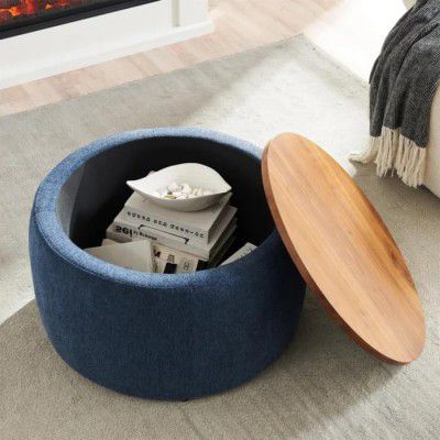 PREDELLA Debe Round Coffee Table with Wooden Top, Storage Ottoman Tables (Dark Blue)