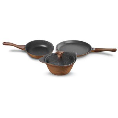 Preethi Artistic Collection Die Cast Non Stick Set, 27 cm Tawa, 24 cm Fry Pan, Kadai 24 cm with Glass Lid, 5 Star Non Stick Effect, Cook & Serve, Earthy Brown