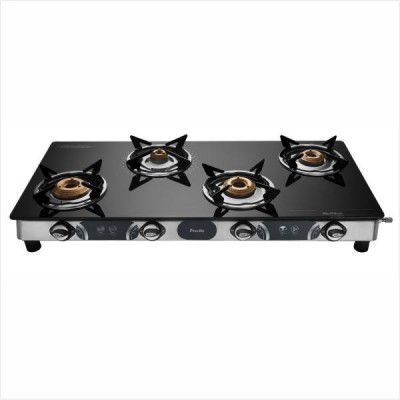 Preethi Bluflame Jumbo Max Black Glass Top Steel 4 Brass Burner Gas Stove